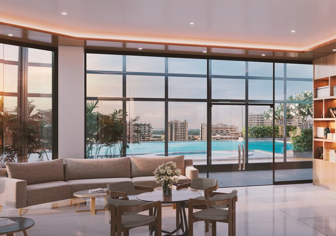 Clubhouse lounge overlooking the pool