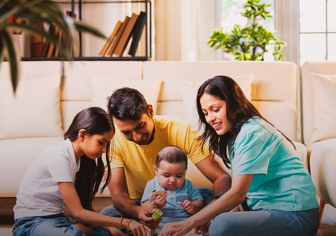 Family at home in a light-filled Orizon living room