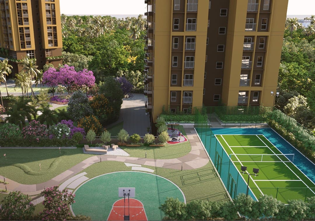 Sports courts on the landscaped podium
